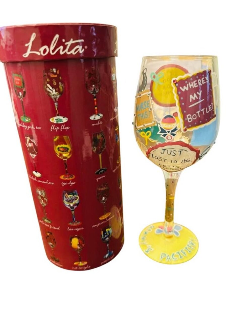 Lolita Love My Wine "New Mommy" Hand Painted Glass 15 oz with original packaging